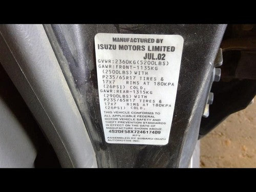 2002-2004 Isuzu Axiom Rear Drive Shaft 4Wd Drive Line Oem 8972321713