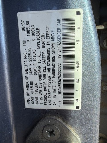 04-07 Accord Passenger Right Rear Door Latch With Rods/Cables Oem Back Sedan