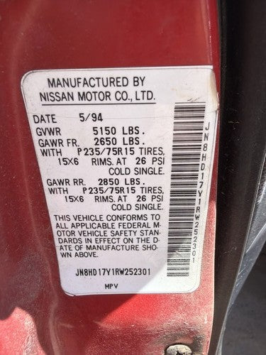 1994 Nissan Pathfinder Starter Motor 3.0L VG30E Automatic 4WD 2330088G01R